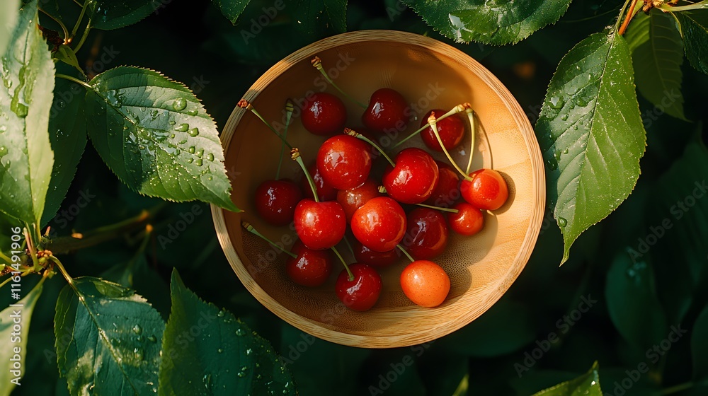 Canvas Prints A wooden bowl filled with ripe, red cherries sits amidst lush, green leaves glistening with morning dew.  Sunlight illuminates the vibrant fruit, creating a refreshing summer scene.