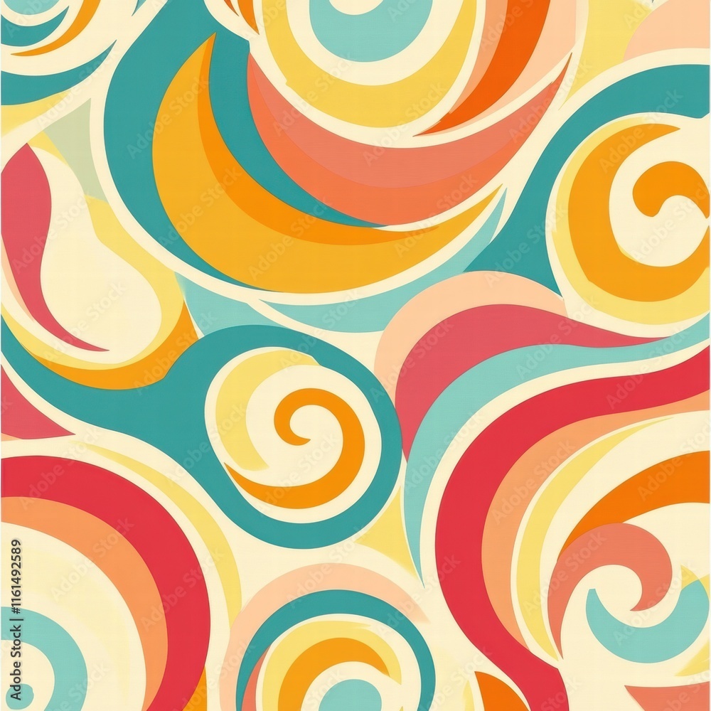 Fototapete Retro inspired colorful spiral pattern with curved lines reminiscent of the 70s design trend. Generative AI