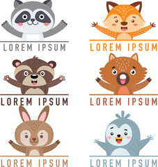 Funny cartoon smiling animal  character set pop up and waving hands with surprise, smiles and waves cheerfully, Vector illustrator