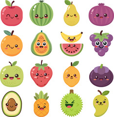 Funny cute fruits characters set, Cute cartoon happy fruits, Colorful Kawaii Fruits  With Smiling Faces , Vector illustrator