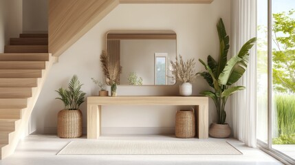 Modern minimalist entryway with wooden staircase, console table, plants, and mirror.