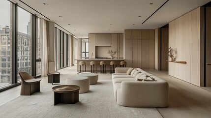 Modern minimalist living room with city view, neutral tones, and sleek furniture.