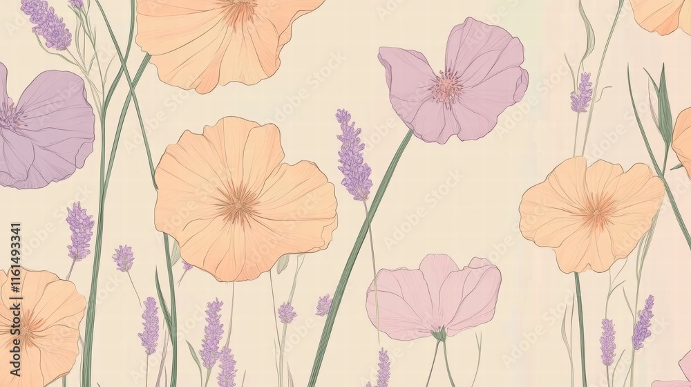 Poster floral pattern with delicate flowers and lavender on a soft background for elegant decor. generative