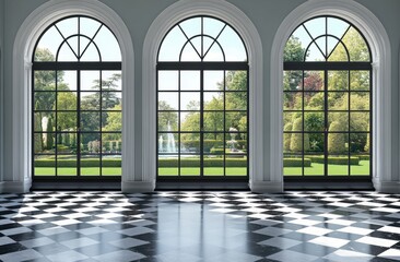 A large room with three arched windows and a fountain in the background. The room is empty and has a black and white checkered floor