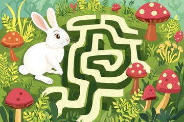 A whimsical white rabbit in a vibrant green maze surrounded by colorful mushrooms and lush foliage.