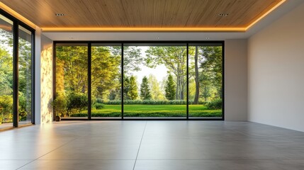 Obraz premium A large open room with a view of a park. The room is empty and has a lot of windows