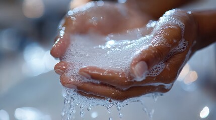 Fototapeta premium Close-up of hands washing with soap and water to prevent illness.