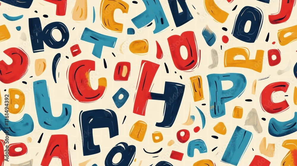 Poster colorful playful pattern featuring stylized alphabet letters across a vibrant background. generative