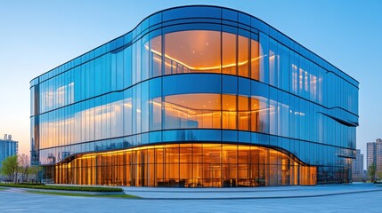 Fototapeta premium Modern glass building with illuminated interior, showcasing contemporary architectural design.