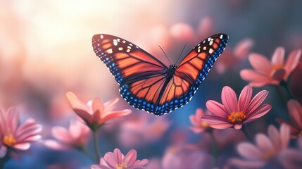 Naklejka premium Colorful butterfly gracefully flying among blooming flowers