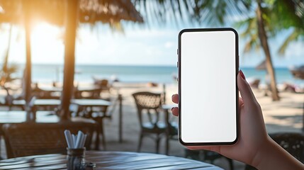 Blank Smartphone Screen Beachside Cafe Setting