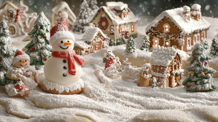 Obraz premium Decorated Christmas cookies arranged in a scene and dusted with confectioners sugar