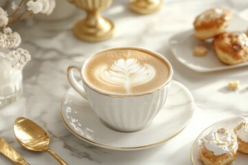 Delicate latte art on premium coffee served in an elegant cafe setting with pastries. Generative AI