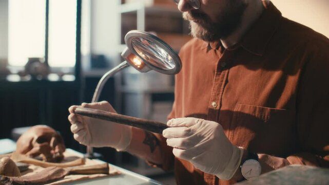 Archaeologist wearing gloves inspecting curved ancient wooden artifact under illuminated magnifying lamp in laboratory. Midsection, close-up shot