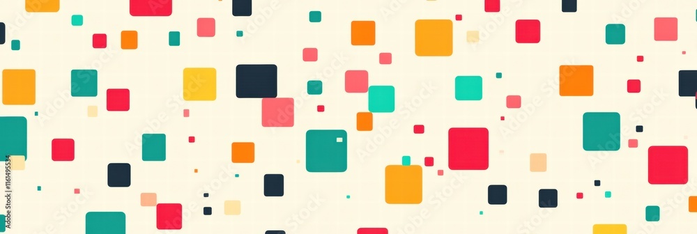 Poster Colorful pixel art inspired seamless pattern featuring various geometric shapes and vibrant colors on a light background. Generative AI
