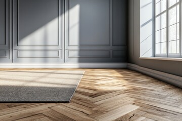 A room with a window and a wooden floor. The floor is made of wood and has a pattern
