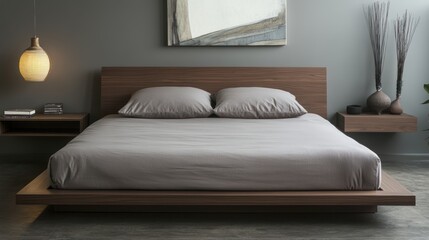 Modern minimalist bedroom with walnut platform bed, grey linen bedding, and floating nightstands.