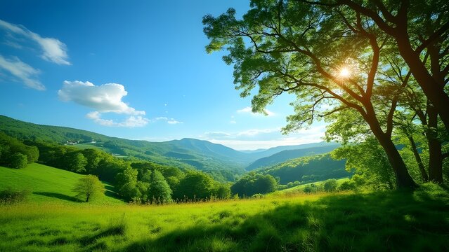 Vibrant Sunny Landscape, Rolling Green Hills, Lush Foliage, and a Clear Blue Sky with Wispy Clouds