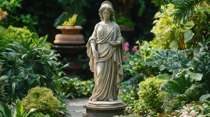 Elegant Greek statue surrounded by lush greenery, blending nature and art harmoniously.