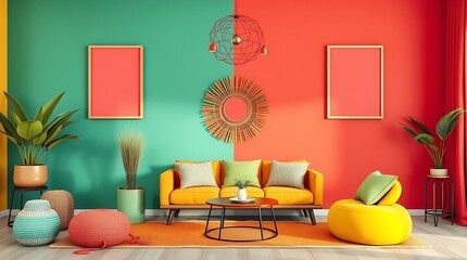 Vibrant Living Room Design: Mid-century modern living room interior with teal and coral walls, mustard yellow sofa, and eclectic decor.  A stylish and colorful space. 