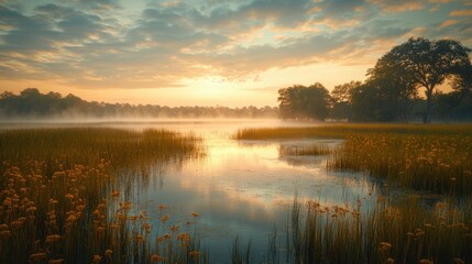 Obraz premium A peaceful misty tropical grassland forest with natural swamp in the morning meadow sunrise nature field.