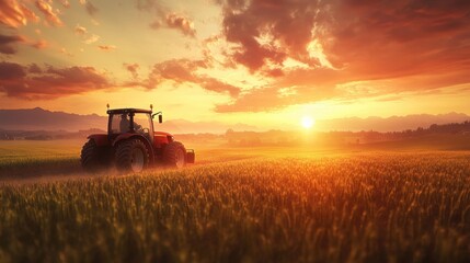 Obraz premium Farmer riding tractor across lush green field at sunset