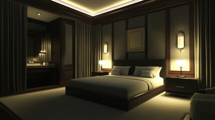 Luxurious dark wood bedroom with subtle lighting.