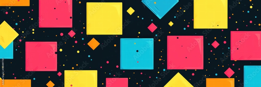 Poster colorful pixel art inspired seamless pattern with geometric shapes and vibrant colors on a dark back