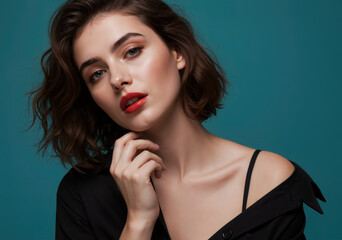 French model with alluring seductive expression, red lipstick and hand under chin, classy chic outfit aesthetic - isolated background, beauty studio photoshoot portrait.