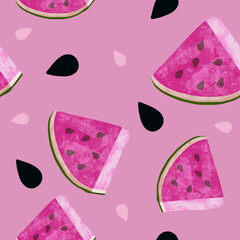 Painterly Illustrated Watermelon Seamless Repeating Pattern Pink Melon on Pink Background