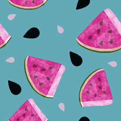 Painterly Illustrated Watermelon Seamless Repeating Pattern Pink Melon on Blue Background