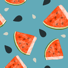 Painterly Illustrated Watermelon Seamless Repeating Pattern Red on Blue BAckground
