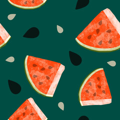 Painterly Illustrated Watermelon Seamless Repeating Pattern Red melon on teal background