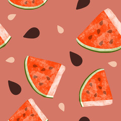 Painterly Illustrated Watermelon Seamless Repeating Pattern Red Melon on Salmon background