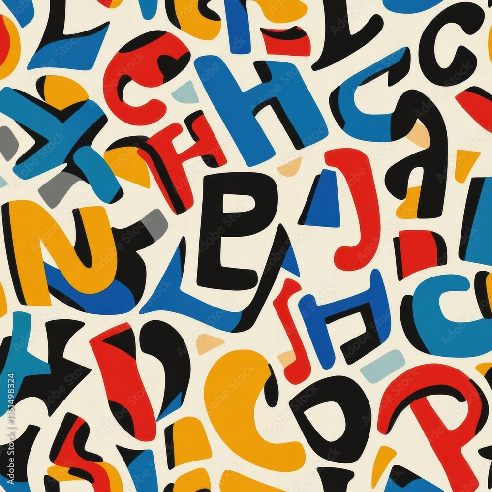 Poster Colorful and playful pattern of stylized alphabet letters designed for a vibrant background or textile use. Generative AI