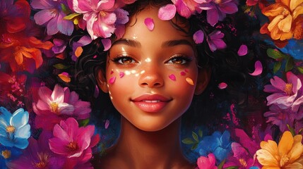 Girl with a playful smile, petals in her hair, standing among vibrant blossoms.