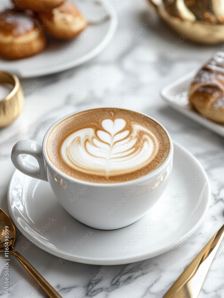 Poster premium cup of coffee with intricate latte art on a marble table beside assorted pastries during a c