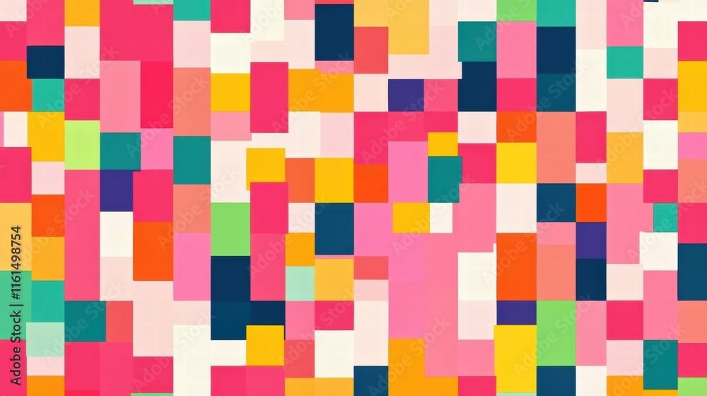 Poster Colorful pixel art inspired seamless pattern featuring vibrant squares and rectangles in various hues and shades. Generative AI