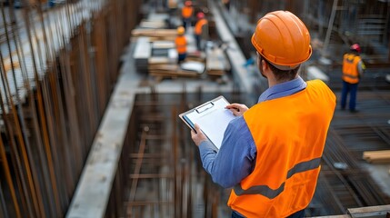 Construction worker in an orange vest and hard hat reviews documents on a clipboard at a busy construction site.  Multiple workers are visible in the background.