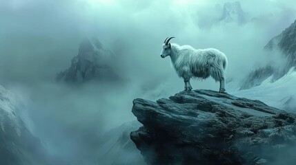 Fototapeta premium Goat on a rock in foggy mountain landscape