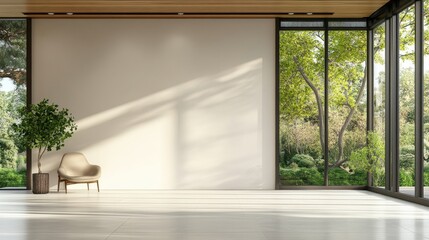 Fototapeta premium A large empty room with a white wall and a chair. There is a potted plant in the room