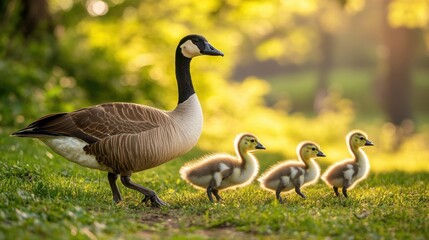 Fototapeta premium Goose family strolling together on a grassy bank, showcasing fluffy goslings in tow.