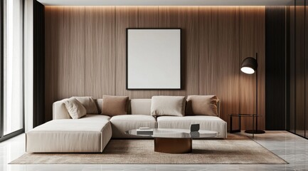 A cozy living room with a white couch and a black coffee table. A black lamp is placed on the table, providing a warm and inviting atmosphere