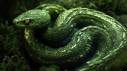 Fototapeta premium Green snake coiling around itself in intricate patterns, against dark forest backdrop.