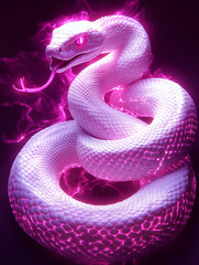 Fototapeta premium Close-up of a glowing pink snake on a dark background. Chinese New Year 2025, lunar New Year theme
