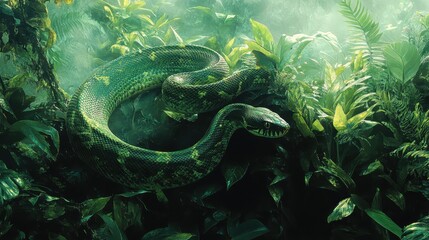 Green snake winding through dense jungle undergrowth, blending with foliage.
