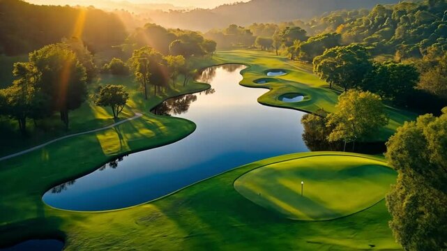 A lush golf course with glistening water hazards unfolds in the early morning light. Concept of outdoor leisure, scenic relaxation, and refined sporting experience. Aerial drone like view.