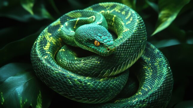 Green snake coiling around itself in intricate patterns, against dark forest backdrop.