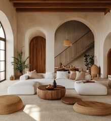 A living room with a white couch, a coffee table, and a potted plant. A vase with fruit on it sits on the coffee table