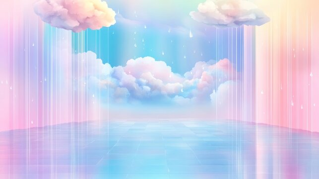 Pastel rainbow sky with clouds, light beams, and reflective floor.